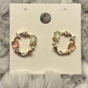 Gold and Pink Floral Charm Earrings with Crystal Accents